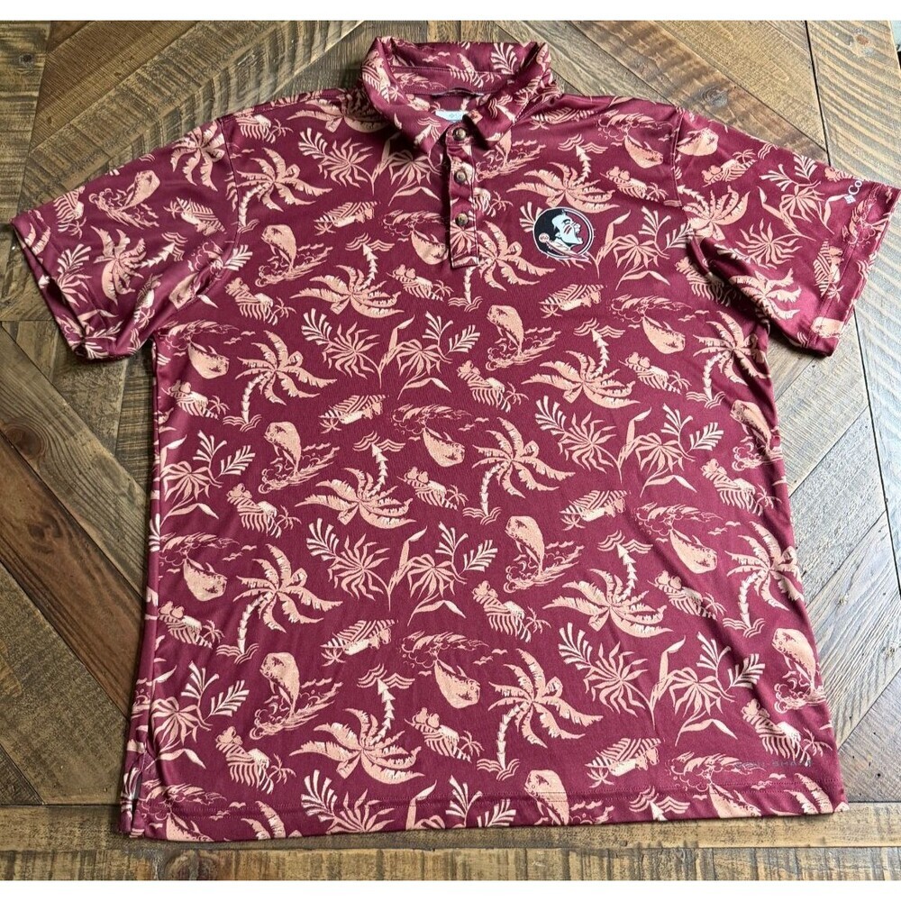 Columbia PFG Florida State Seminoles Polo Shirt Mens Large Red Floral Golf Logo